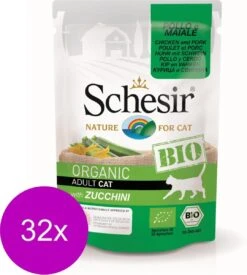 Schesir Kat Bio Pouch 85 G – Kattenvoer – 32 X Kip&Varken&Courgette