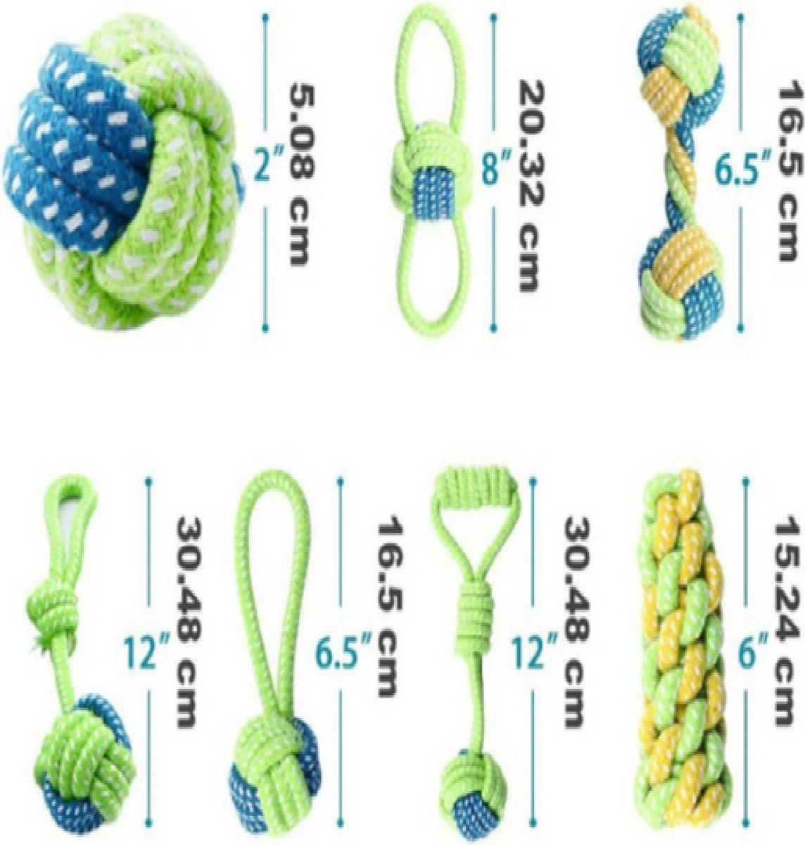 Honden Speeltjes – Honden Speelgoed – Speeltouw – Trektouw – 100% Katoen – 7 Stuks – Groen, Blauw