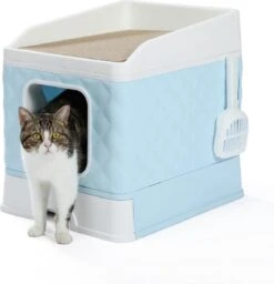 Amex Kattenbak – Zelfreinigende Kattenbak Met Lade – Kattenbak Geurverdrijver Met Veel Ruimte – Krab Dak – Zeefsysteem – Blauw