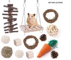 Hamster Speelgoed En Verzorging – Set Van 13 Stuks – 100 Procent Natuurlijk – Xd Xtreme – Goed Voor De Tanden – Duurzaam – Ook Voor Cavia – Kleine Knaagdieren – Hout – Wilg – Appel