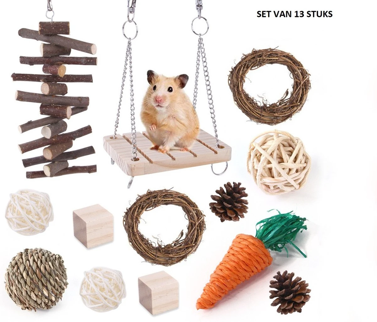 Hamster Speelgoed En Verzorging – Set Van 13 Stuks – 100 Procent Natuurlijk – Xd Xtreme – Goed Voor De Tanden – Duurzaam – Ook Voor Cavia – Kleine Knaagdieren – Hout – Wilg – Appel