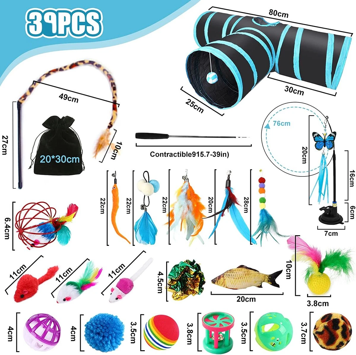 JOTOL 39pcs Kattenspeelgoed,Cat Interactive Wand Toy Set,Kattenspeelgoed Set Voor Indoor Katten Set Met Kattentunnels,Ballen,Veerspeelgoed,Pluche Speelgoed,Speelgoedmuizen Voor Indoor Katten Kitten