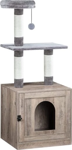 Signature Home Cattykey Krabpaal – Kattenbak Met Deuren En Krabpaal – Kattenboom – Grijs – 52 X 45 X 128 Cm