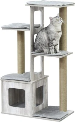 Medina Old Bank Cat Tree Krabpaal – Grijs – Gefabriceerd Hout, Jute, Pluche – 26,38 Cm X 15,16 Cm X 44,88 Cm