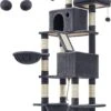 Hoppa! Krabpaal, 206cm Hoge Krabpaal Met 13 Krabpalen, 1 Krabhelling, 2 Platforms, 2 Grotten, Mand, Hangmat, Pompons, Kattenkrabpaal Met Meerdere Niveaus Voor Grote Katten, Rookgrijs