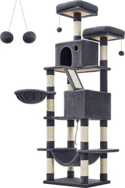 Hoppa! Krabpaal, 206cm Hoge Krabpaal Met 13 Krabpalen, 1 Krabhelling, 2 Platforms, 2 Grotten, Mand, Hangmat, Pompons, Kattenkrabpaal Met Meerdere Niveaus Voor Grote Katten, Rookgrijs