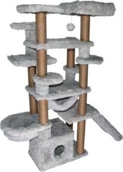 Topmast Krabpaal Fluffy Malta – Grijs – 166 X 65 X 173 Cm – Krabpaal Voor Grote Katten En Zware Katten – Met Kattenhuis En Hangmat – Stevig Sisal Touw